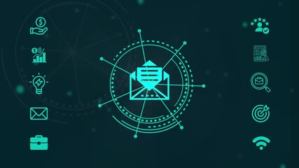 Email marketing strategy concept with envelope icon in the center surrounded by business icons on dark blue background, symbolizing digital communication and online promotion - Powered by Adobe