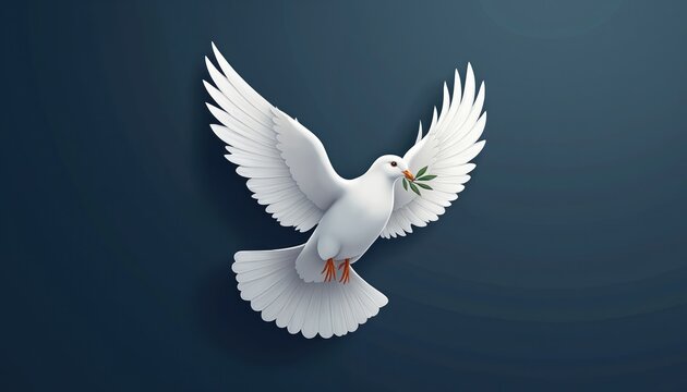 White dove flies with green olive branch in beak. Bird symbolizes peace, hope, harmony. Elegant creature against dark blue backdrop suggests spiritual calm, quiet remembrance.
