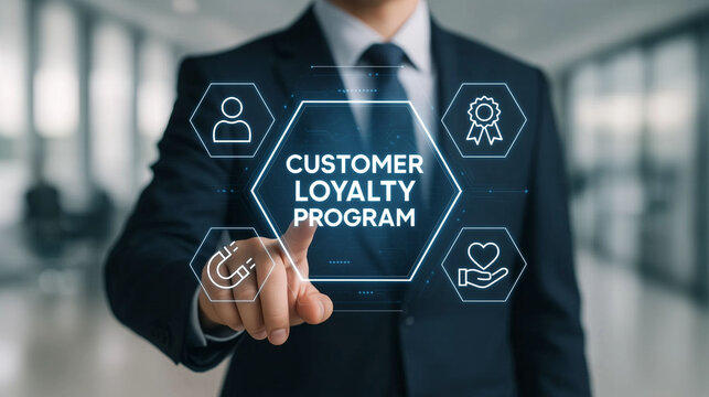 Customer loyalty program concept with businessman touching digital interface showing rewards retention engagement satisfaction and relationship management in corporate marketing