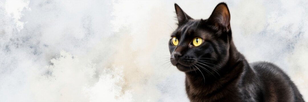 Sleek black cat with intense yellow eyes looking left. Panoramic banner with copy space for text - Powered by Adobe