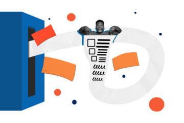 Composite photo collage of happy american man point container box ballot sheet election procedure bulletin isolated on painted background