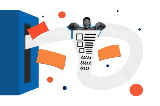 Composite photo collage of happy american man point container box ballot sheet election procedure bulletin isolated on painted background