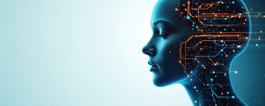 Abstract digital face with glowing circuits integrated. Represents artificial intelligence, big data, neural networks, and future tech concepts. AI brain processing information.
