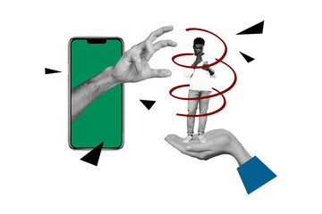 Collage picture young man smartphone addiction hand body fragments catch take force touchscreen thoughtful minded questioned unsure