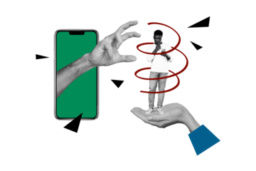 Collage picture young man smartphone addiction hand body fragments catch take force touchscreen thoughtful minded questioned unsure