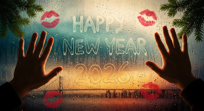 Happy New Year 2026 wishes with romantic kisses and hands on steamy window