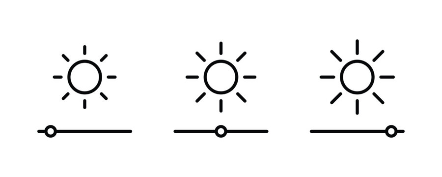 Brightness setting icon with sun. Brightness control icon set. Sun and screen brightness control icons