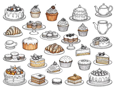Illustration of various desserts including cakes, pastries, and teapots