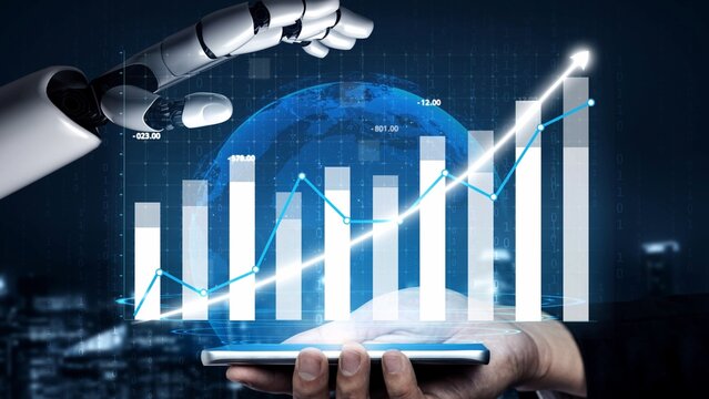 A robotic hand analyzes data on a smartphone, featuring a digital chart and global background, symbolizing the integration of technology and business growth. Copula - Powered by Adobe