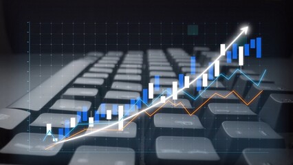 A compelling visual representation of financial growth features a keyboard in the background, complemented by charts and graphs showcasing market trends, perfect for business concepts. Copula