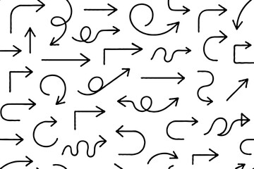 Black And White Seamless Sketchy arrow Elements, Line art, Pattern Sketch Style Isolated. Set Hand Drawn Doodle icon arrows And cursor Illustration In Engraving Style, scribble, strokes