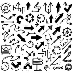 Black And White Seamless Sketchy arrow Elements, Line art, Pattern Sketch Style Isolated. Set Hand Drawn Doodle icon arrows And cursor Illustration In Engraving Style, scribble, strokes