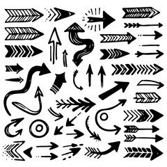 Black And White Seamless Sketchy arrow Elements, Line art, Pattern Sketch Style Isolated. Set Hand Drawn Doodle icon arrows And cursor Illustration In Engraving Style, scribble, strokes