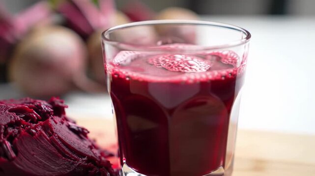 A vibrant ruby-red glass of freshly juiced beetroot and dark crimson pulp on a pristine wooden surface. Slow push-in zoom on lustrous liquid, soft natural light. Concept of fresh healthy food