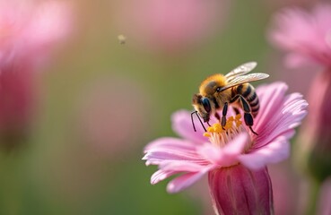 Close view shows honeybee gathering pollen from pink flower. Insect works on pollination in springtime. Macro lens shows details of bee anatomy. Soft dreamy spring feelings of warm sunny day.