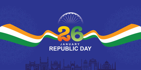 26 January Republic Day Banner with Tricolor Ribbon and Ashoka Chakra