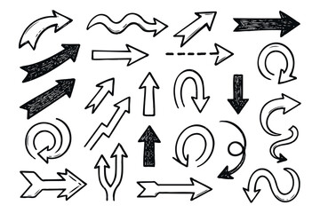 Obraz premium Black And White Seamless Sketchy arrow Elements, Line art, Pattern Sketch Style Isolated. Set Hand Drawn Doodle icon arrows And cursor Illustration In Engraving Style, scribble, strokes