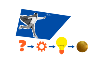 Composite photo collage of american man superhero suit run progress question gear light bulb coin success isolated on painted background