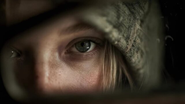 Close-up of a person in camouflage looking through a rifle scope with a focused eye.