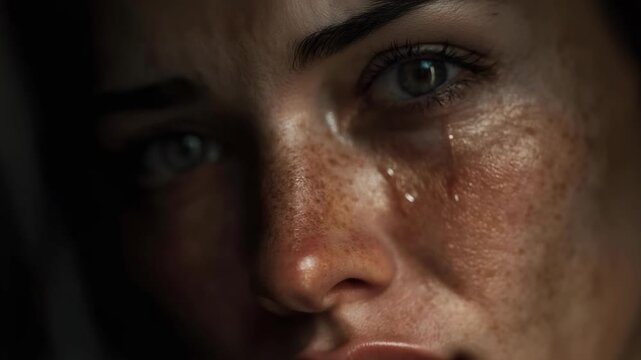 Close-up of a face showing a blue eye, freckles, and shiny, damp skin.