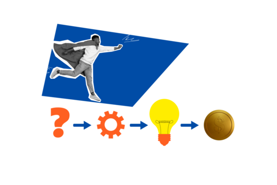 Composite photo collage of american man superhero suit run progress question gear light bulb coin success isolated on painted background