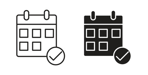 Calendar check icon with line and silhouette versions.