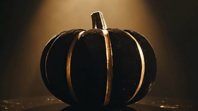 Black pumpkin with gold lines under a focused light, embodying autumn, harvest, and festive season. Representative of autumnal still life