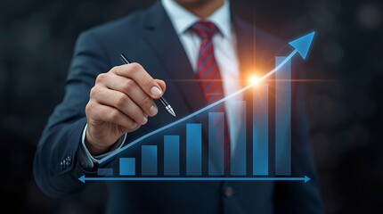 Businessman pointing at a virtual bar chart with an ascending arrow, representing strategic business growth, financial success, market trend analysis, and economic development