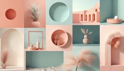 Pastel color palette mood board with abstract shapes, nature. Soft pink, blue, beige colors. Various geometric shapes like circles, arches, squares. Plants like pampas grass in vases. Architectural