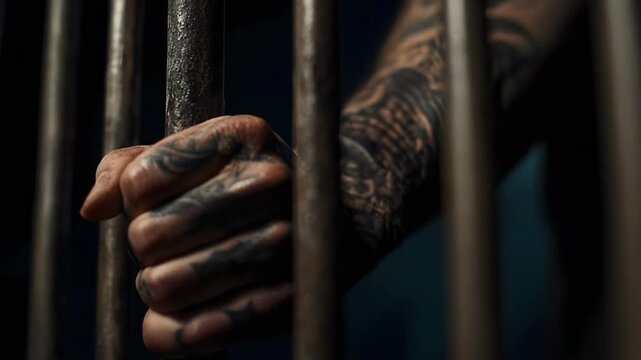 A tattooed hand tightly grips vertical metal bars, as if behind prison cell bars.