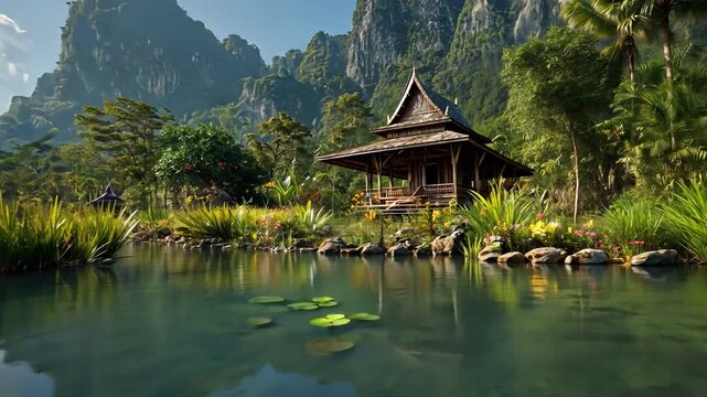 Serene Waterside Retreat: A picturesque wooden pavilion stands peacefully beside a calm lake, nestled amidst lush tropical greenery and majestic mountains. A haven of tranquility.
