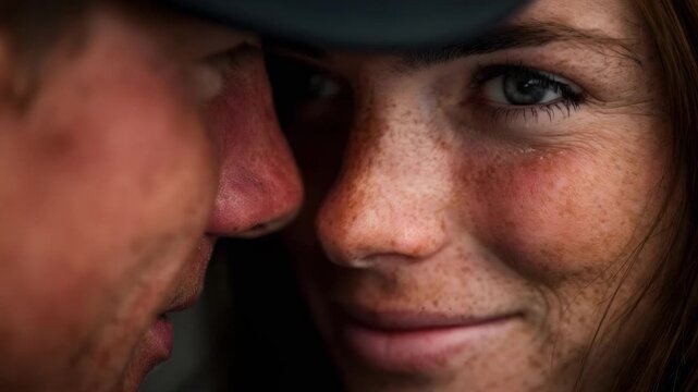Close-up of two people facing each other, noses almost touching; the freckled woman smiles softly.