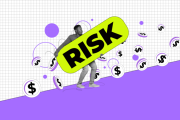 Composite image montage trend artwork 3D collage of young guy stand hand hold risk banner charts graphics business trader money coins