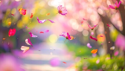 Falling Pink and Orange Petals in a Soft Light