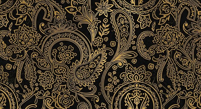 Golden Paisley on Black Surface: Rich Textile Background for Fashion Designs