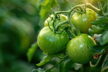 Unripe green tomatoes growing on the vine in a garden, bathed in warm sunlight