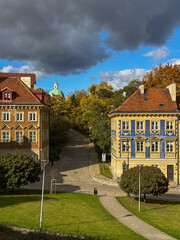 Narrow Street View of Historic Old Town Buildings in Warsaw, Poland