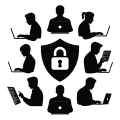 Silhouettes of people working on laptops with security shield isolated background