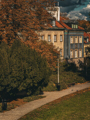 Narrow Street View of Historic Old Town Buildings in Warsaw, Poland