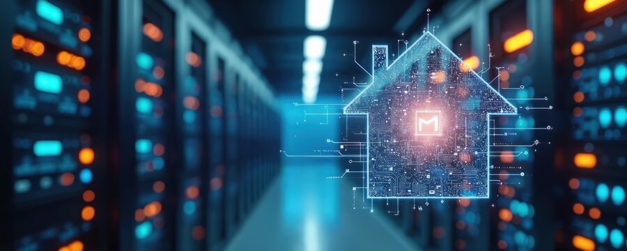 Data center server racks line dark hall with bright blue, orange lights. Digital circuit board house icon floats in front. Represents smart home connectivity, IoT tech, intelligent building