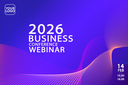 A futuristic banner template for a business conference or tech event. This abstract design features flowing wavy lines and a halftone pattern on a blue and purple gradient background.