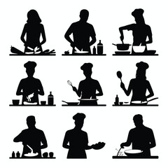 Various silhouettes of chefs preparing food