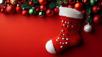 Bright red Christmas stocking filled with festive ornaments and greenery on a vibrant red background
