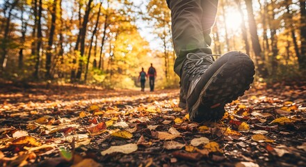 Autumn Forest Hike: Close-up of Boots on Trail with Couple in Background