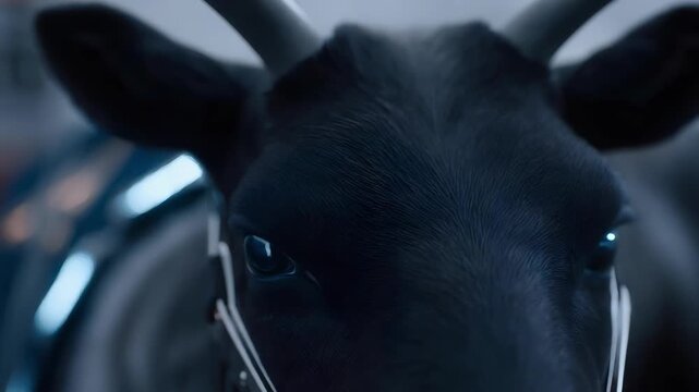 Close-up of a black horse wearing a bridle, its eyes glowing blue in a futuristic neon-lit scene.