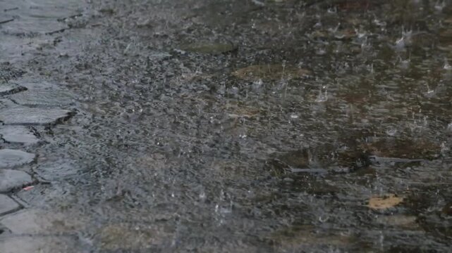 Close-up footage of heavy rain falling and splashing on a wet paving block surface, showing raindrop impact, water motion, and textured urban ground in rainy weather. 4K footage