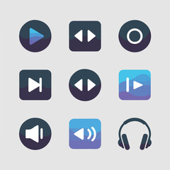 Set of media player control icons in square format