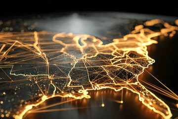Illuminated network connections map highlighting the southeastern United States with glowing lines representing data flow and communication pathways at night