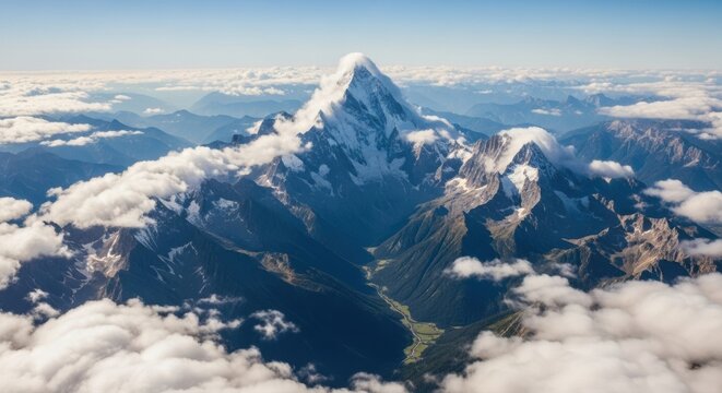 Majestic snow-capped mountain peak pierces through soft clouds, revealing a lush green valley below, inspiring awe and adventure.