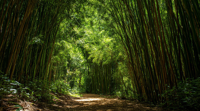 Pathway through a lush bamboo forest with sunlight